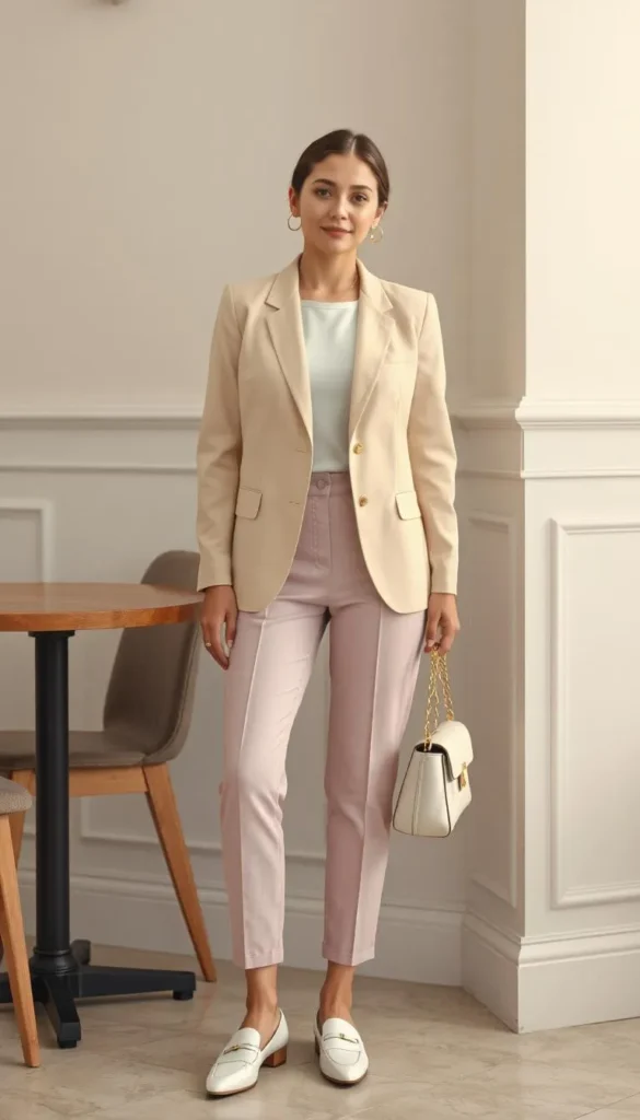 Beige Blazer with Blue Pants