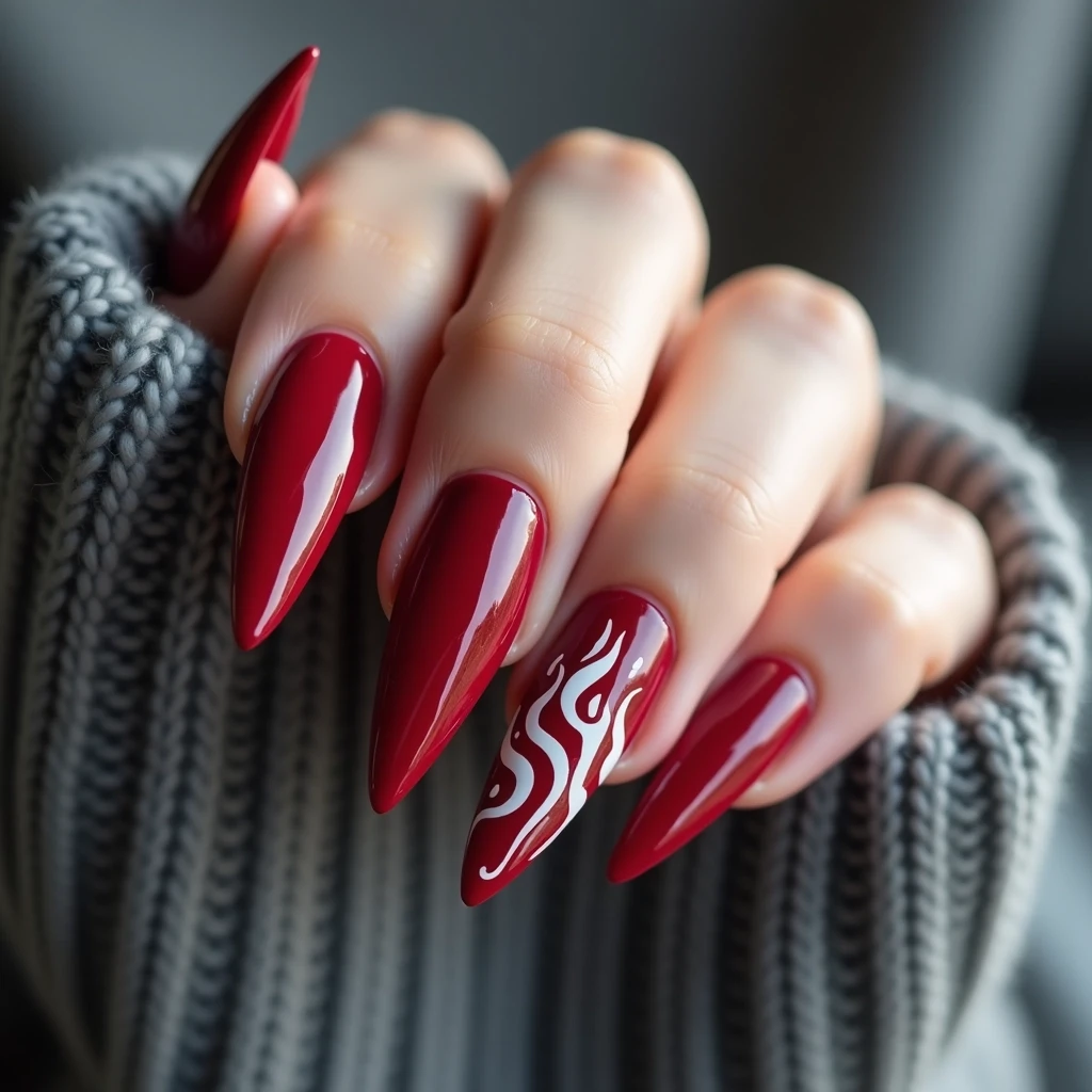 Red Nails with White Line Art